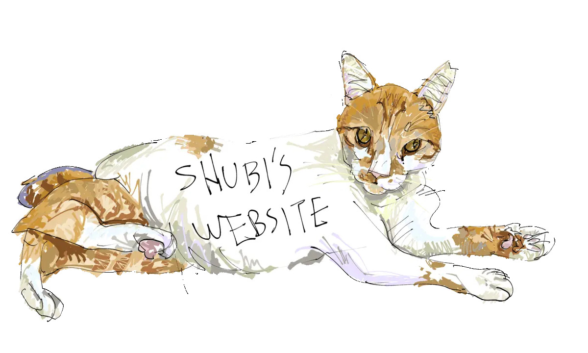 a cat resting with the words shubi's website on its belly
