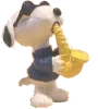 snoopy in a blue turtleneck and sunglasses playing the saxophone