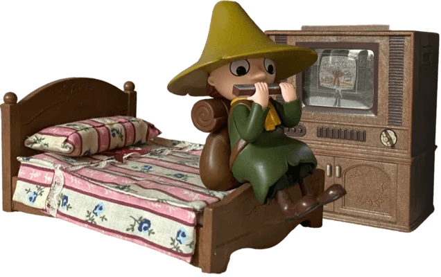 snufkin in bed practicing his harmonica, a tv illuminates him in a warm glow when hovered over