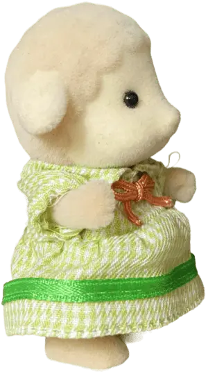 a sylvanian families lamb in a green dress