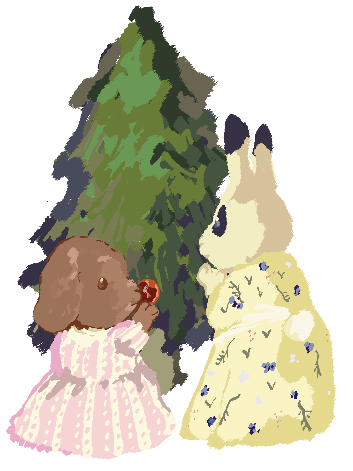 a bunny and a poodle setting up the christmas tree