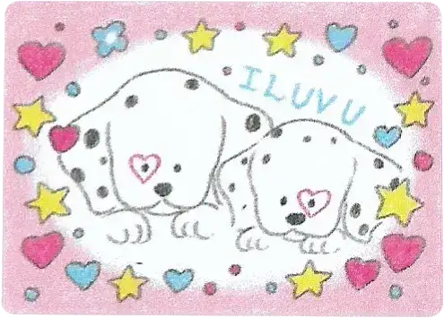 2 dalmations sitting together, a pink border with hearts and stars surrounds them