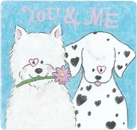 a dalmation and a fluffy white dog sit next to each other against a blue background